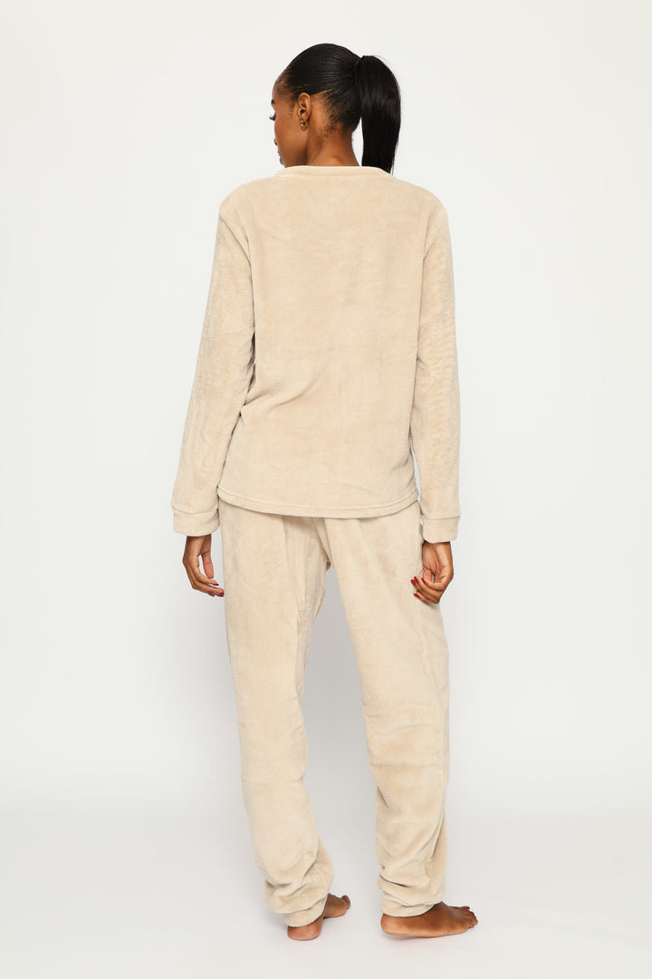 Long Sleeve Embroidered Dreams Cosy Top & Jogger Set - Stone