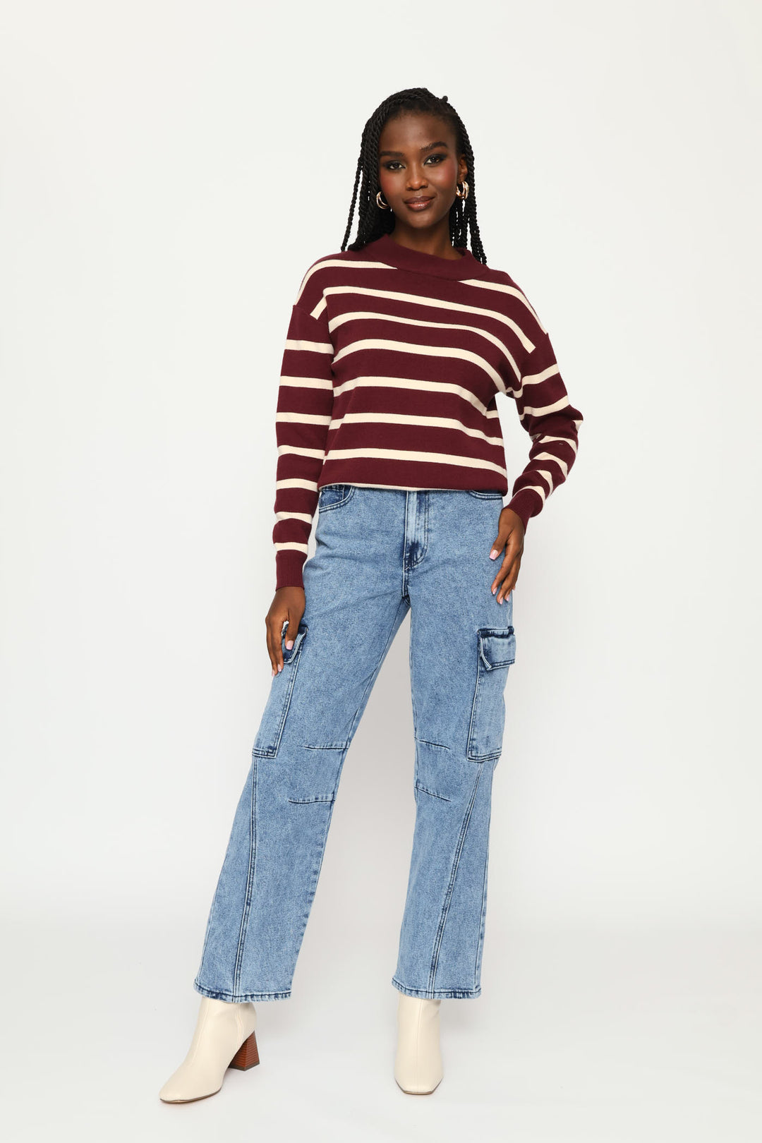 Luxe Academia Stripe Turle Pullover - Cream/Port