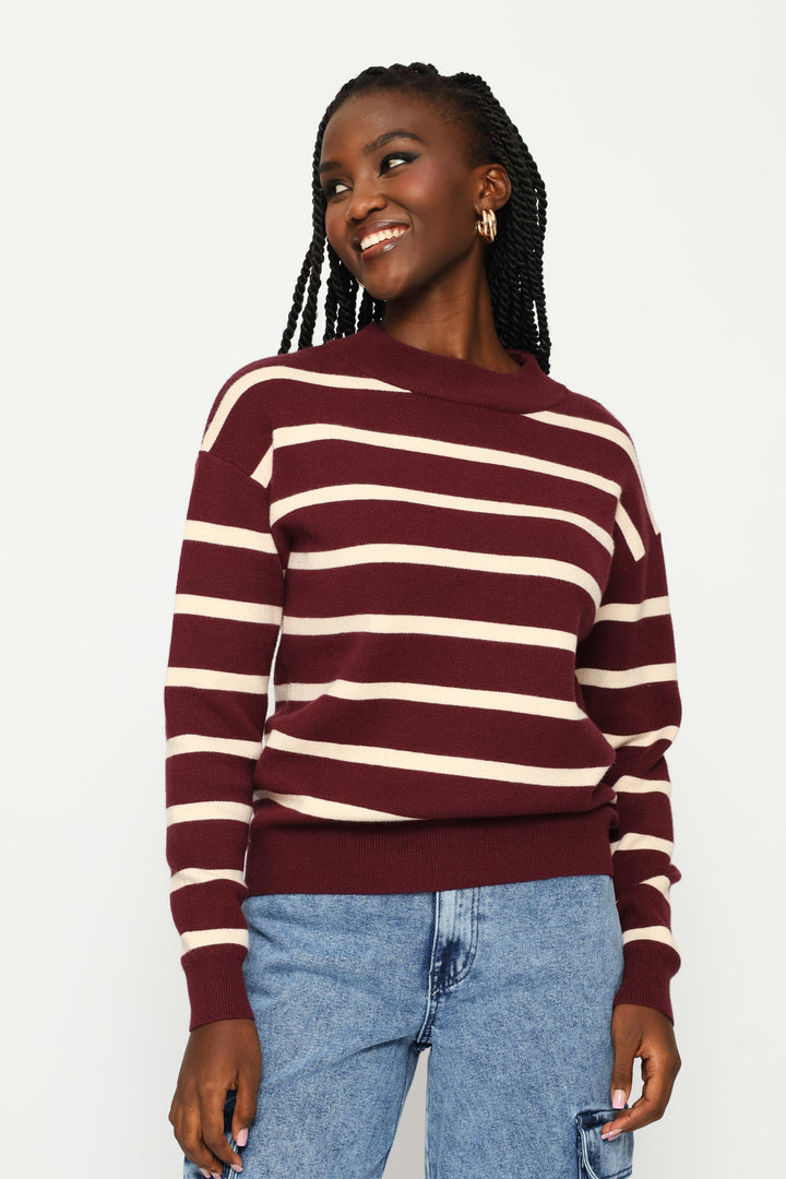 Luxe Academia Stripe Turle Pullover - Cream/Port