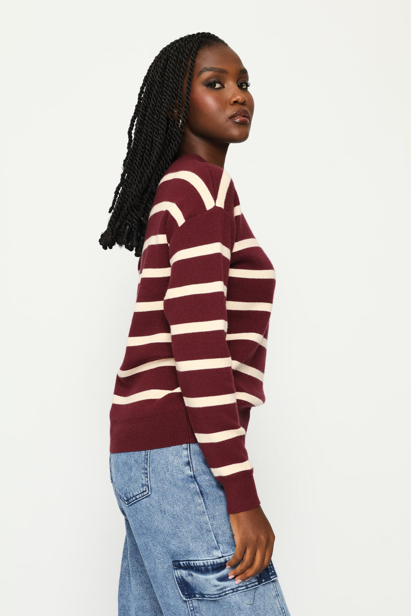 Luxe Academia Stripe Turle Pullover - Cream/Port