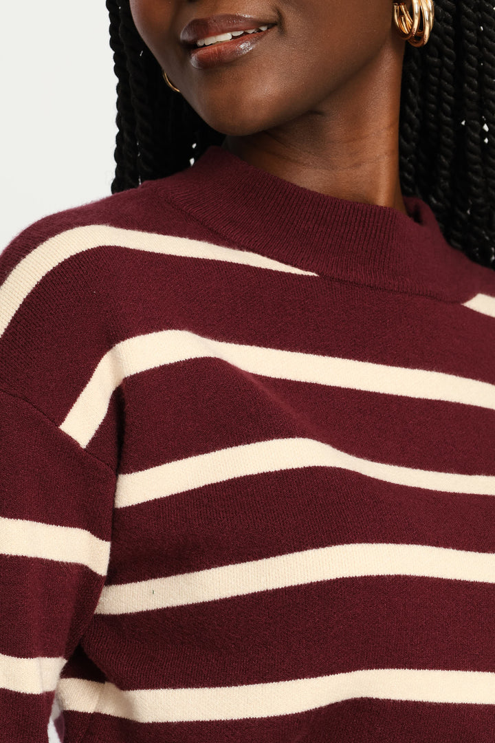 Luxe Academia Stripe Turle Pullover - Cream/Port