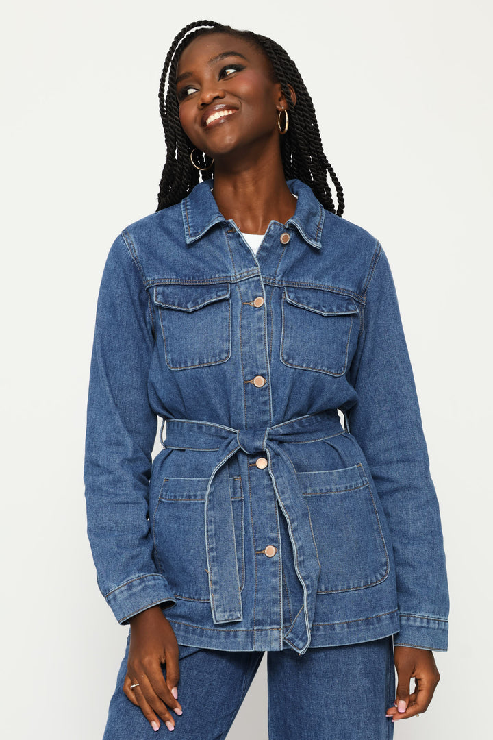 Long Length Self Belt Denim Shacket - Dark Wash