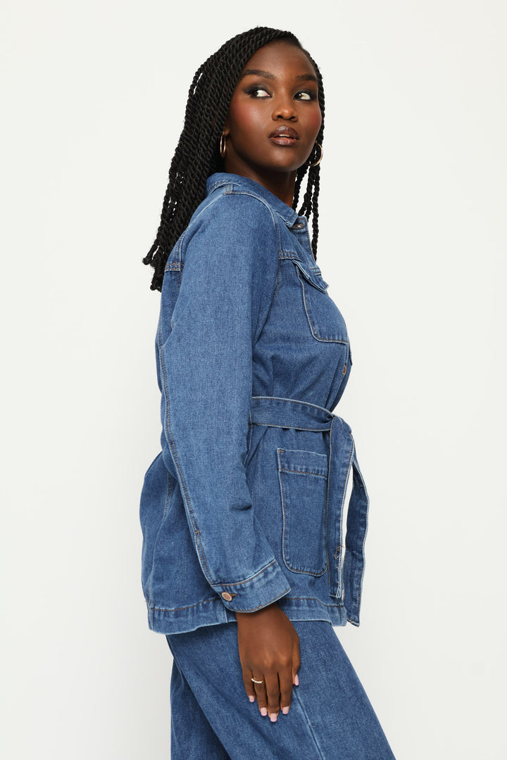 Long Length Self Belt Denim Shacket - Dark Wash
