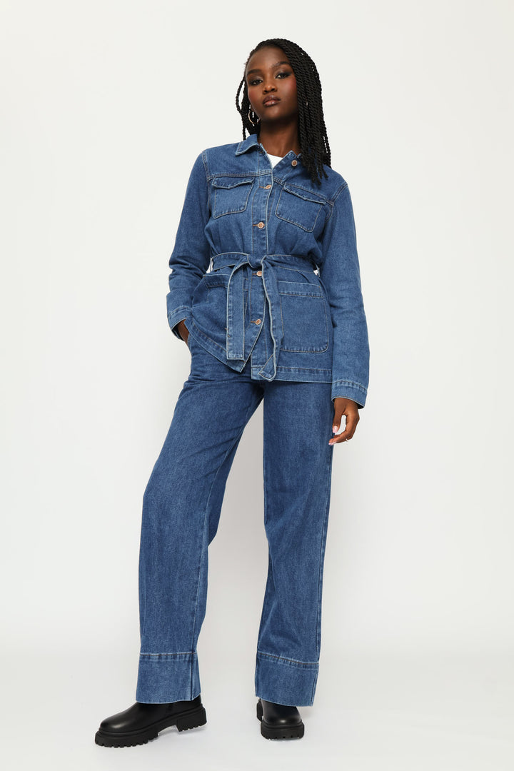 Long Length Self Belt Denim Shacket - Dark Wash