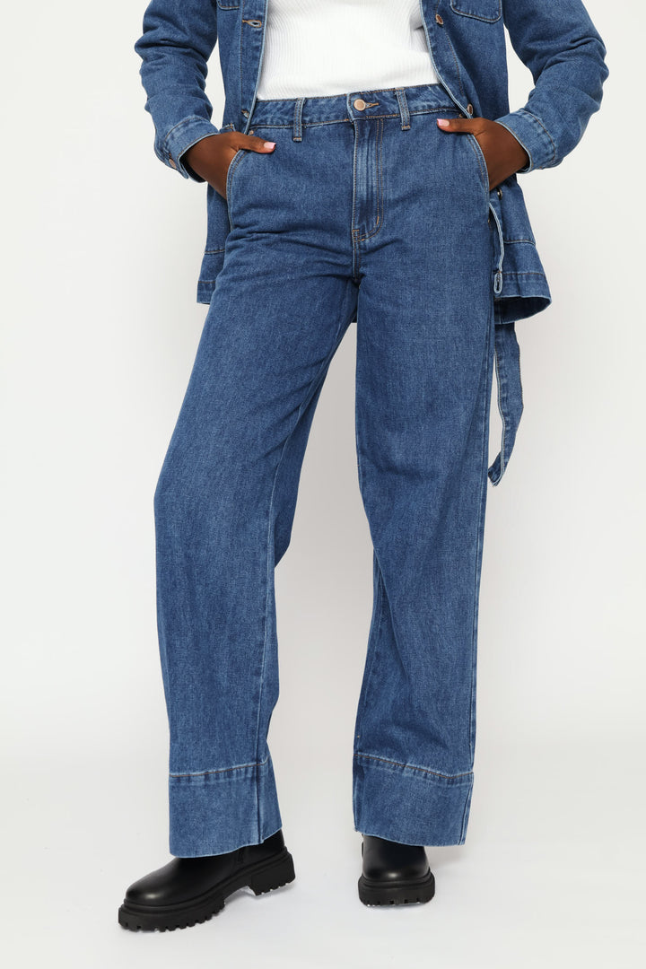 Hi-Rise Wide Hem Wide Leg Denim - Dark Wash