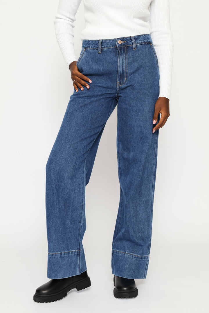 Hi-Rise Wide Hem Wide Leg Denim - Dark Wash