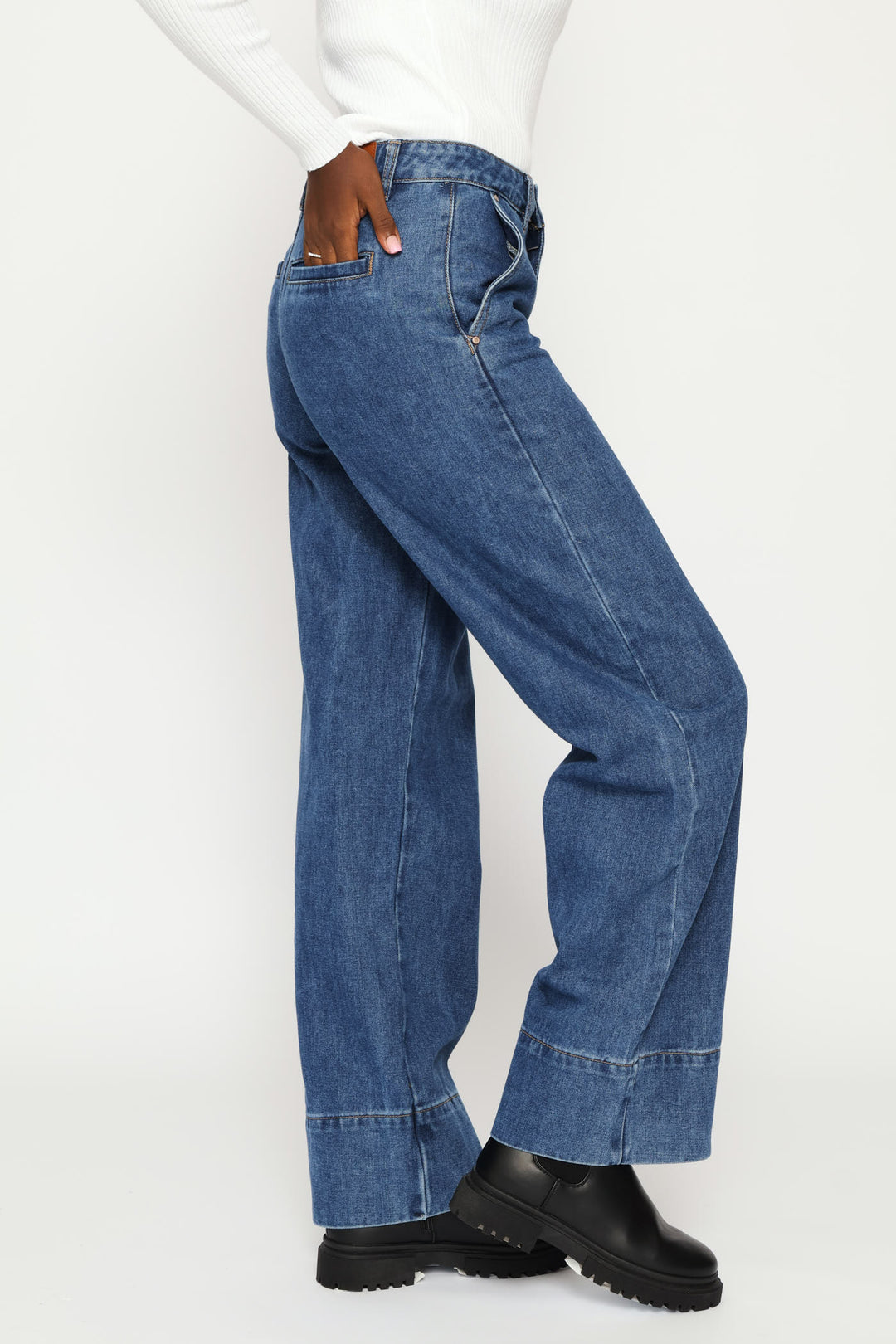 Hi-Rise Wide Hem Wide Leg Denim - Dark Wash