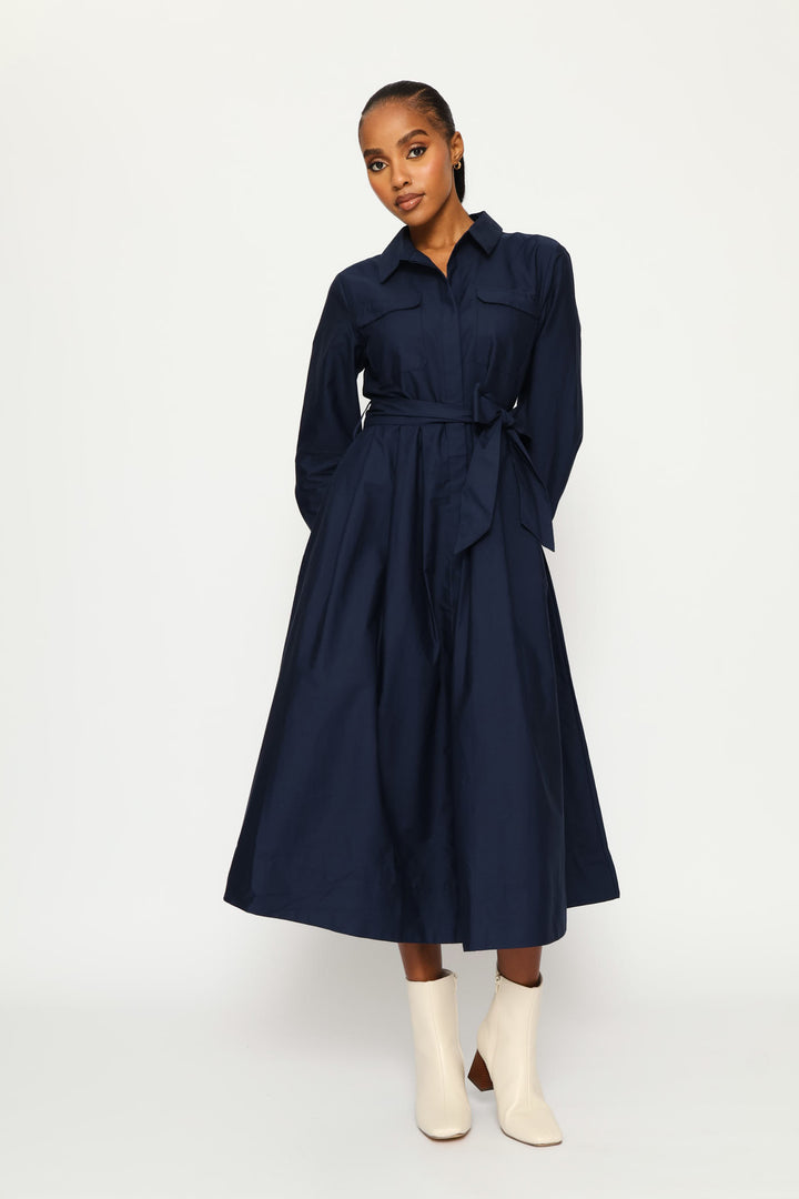 Utility Pocket Fit & Flare Pleated Midaxi Shirt Dress - Navy