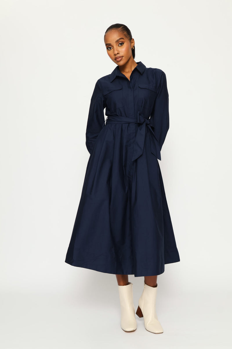 Utility Pocket Fit & Flare Pleated Midaxi Shirt Dress - Navy