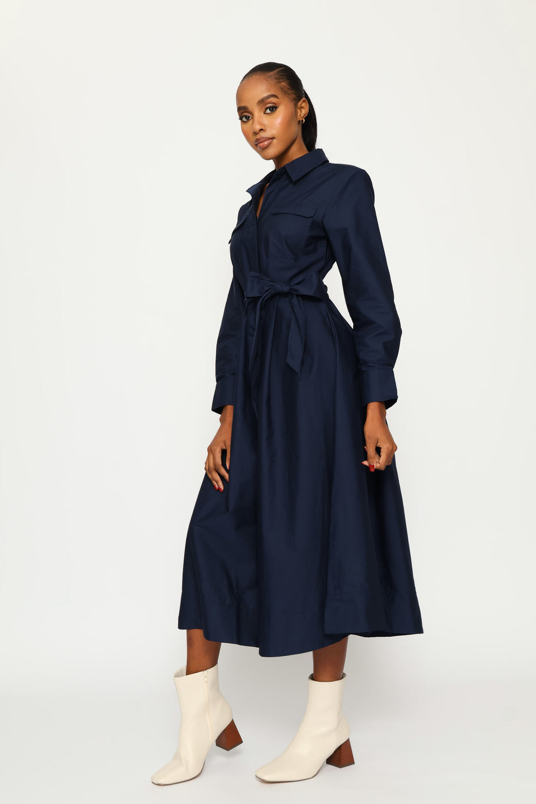Utility Pocket Fit & Flare Pleated Midaxi Shirt Dress - Navy