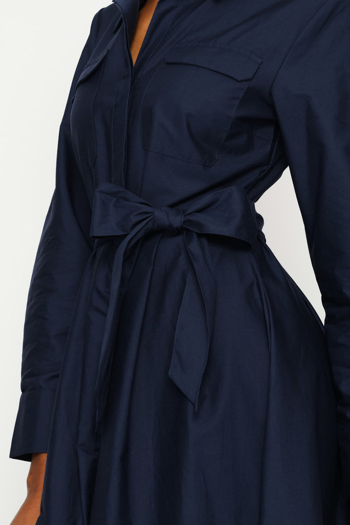 Utility Pocket Fit & Flare Pleated Midaxi Shirt Dress - Navy