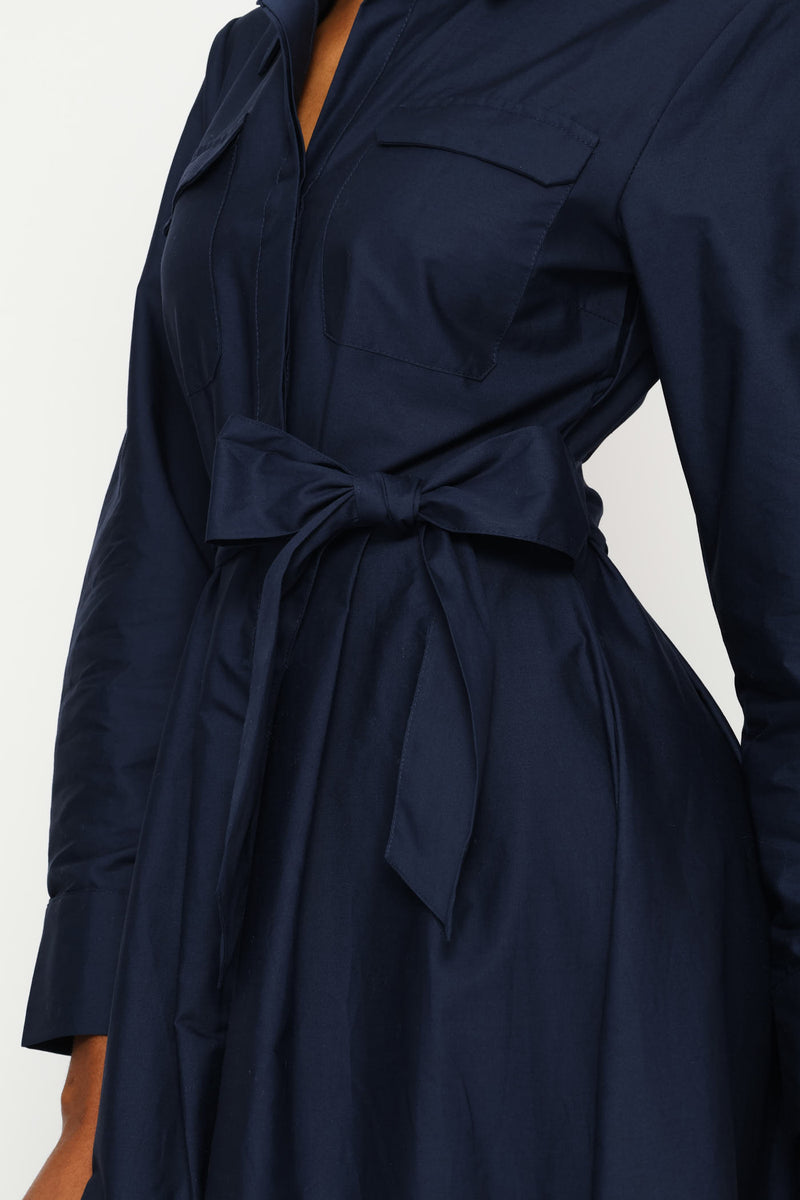 Utility Pocket Fit & Flare Pleated Midaxi Shirt Dress - Navy