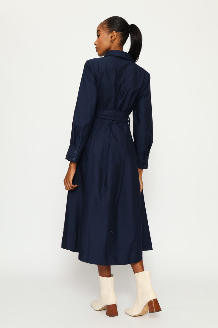 Utility Pocket Fit & Flare Pleated Midaxi Shirt Dress - Navy