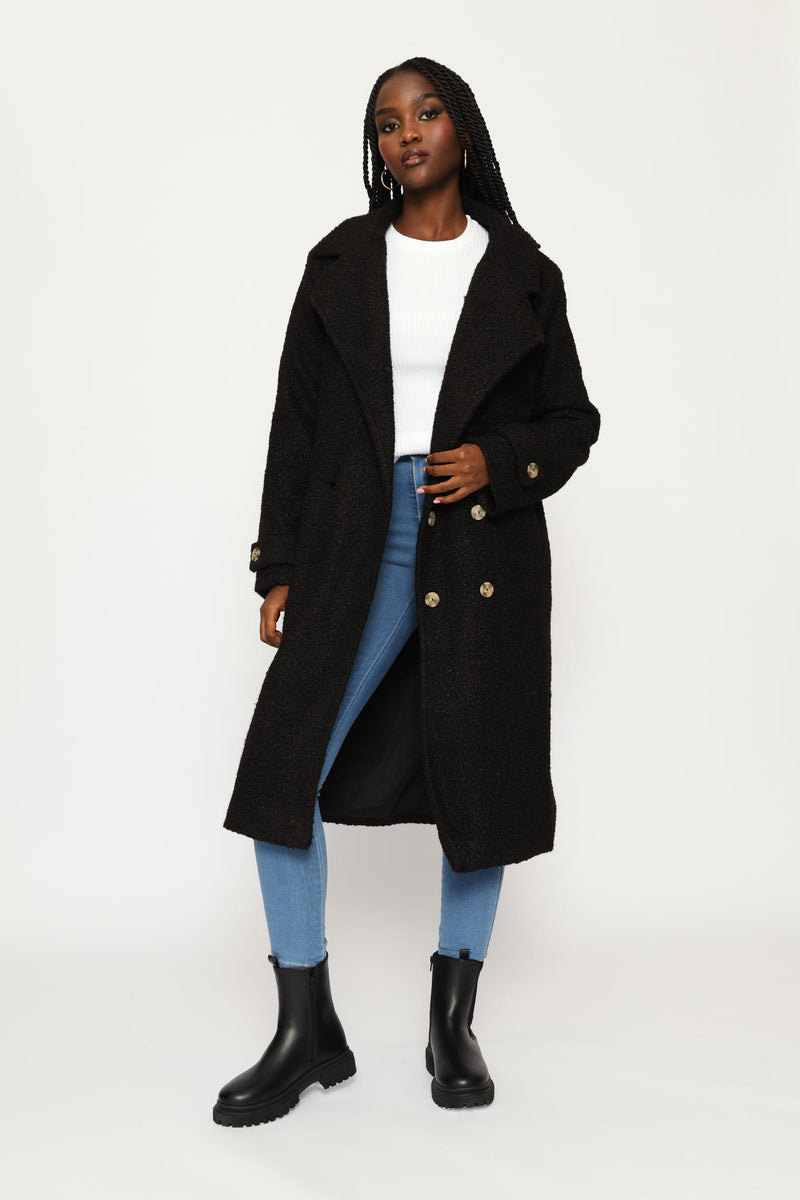 Long Length Boucle Lined Coat - Black