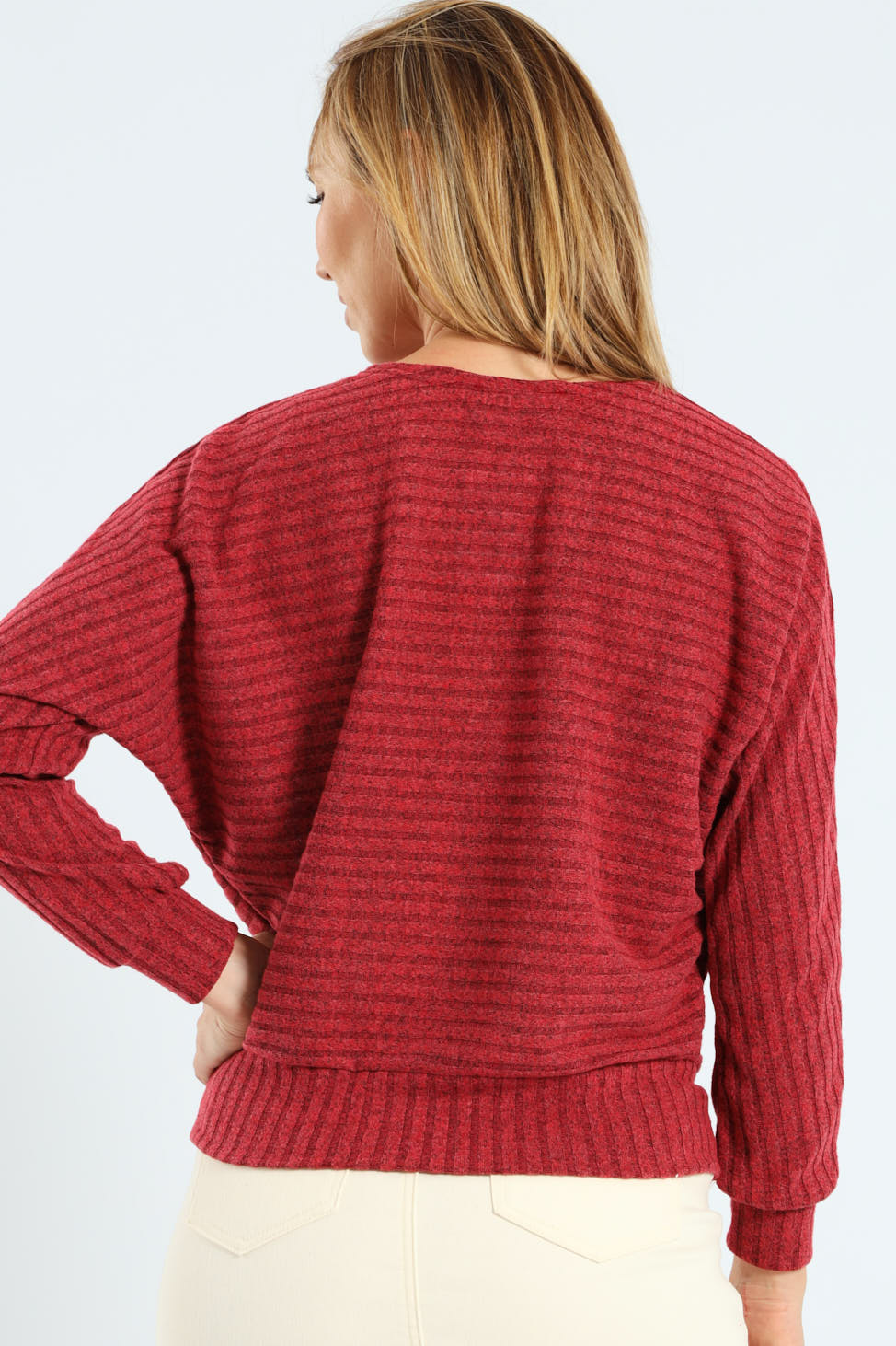 Dolman Sleeve Ribbed Top - Bright Red