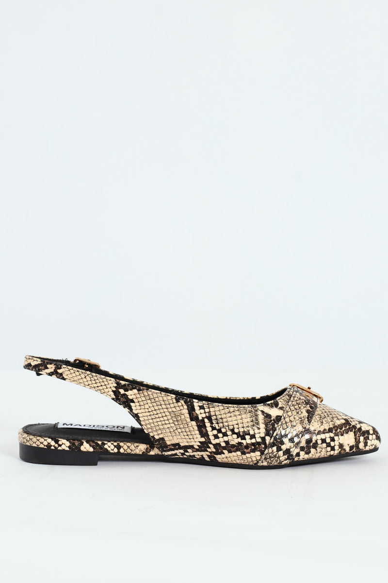 Pointed Toe Buckle Snake Print Sling Back