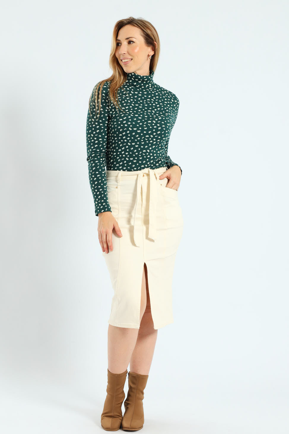 Belted Slit Front Midi Skirt - Ecru