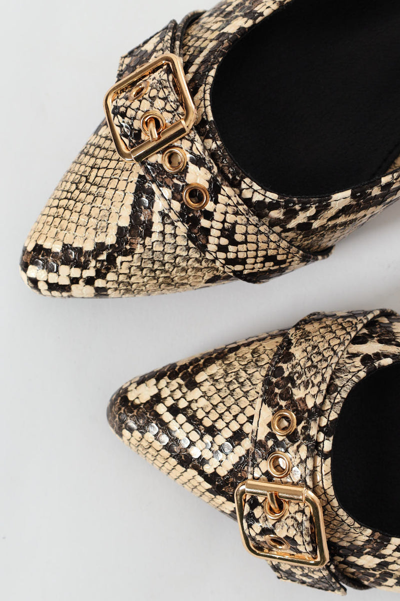 Pointed Toe Buckle Snake Print Sling Back