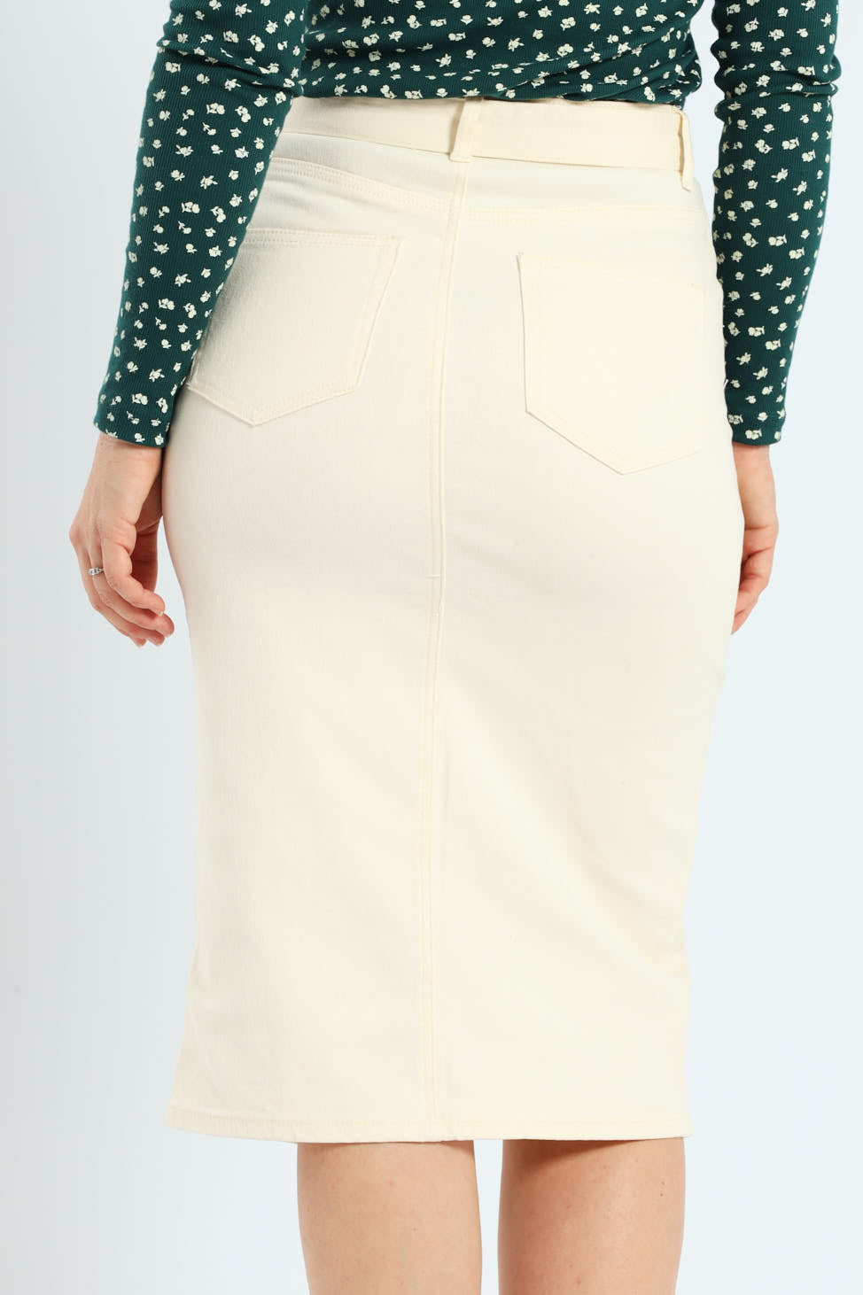 Belted Slit Front Midi Skirt - Ecru