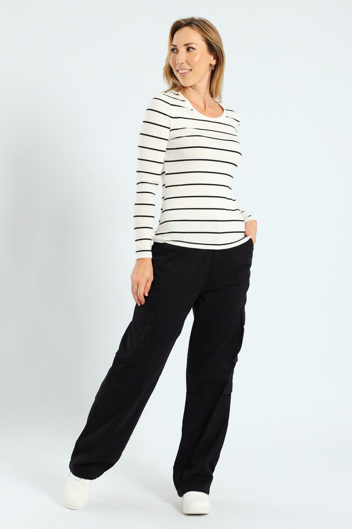 Long Sleeve Cotton Lycra Striped Crew Top - Black/White