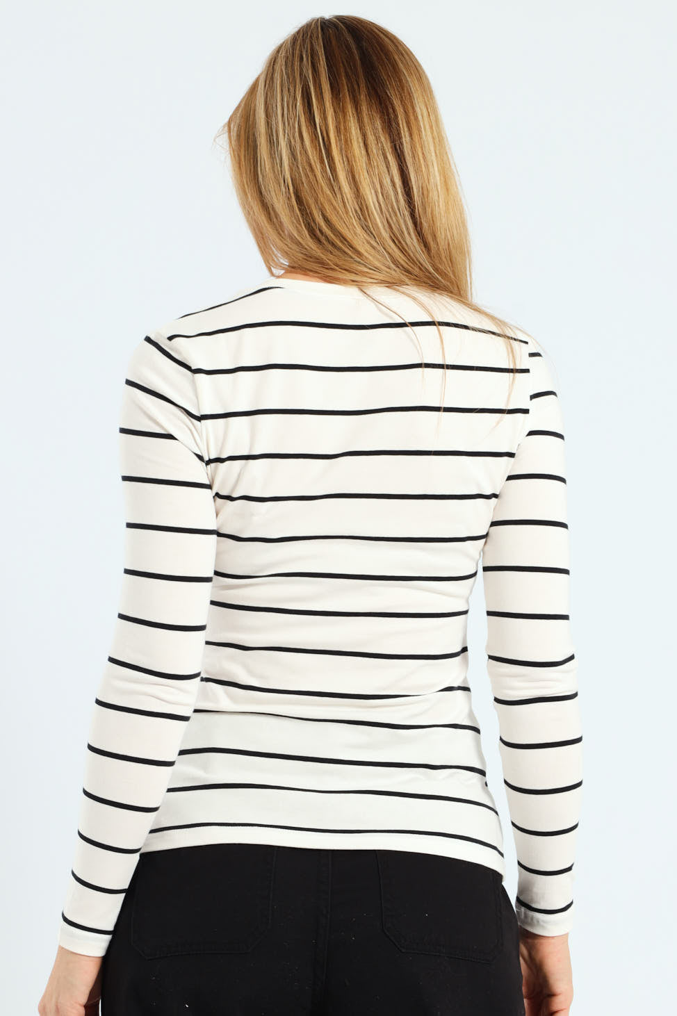 Long Sleeve Cotton Lycra Striped Crew Top - Black/White