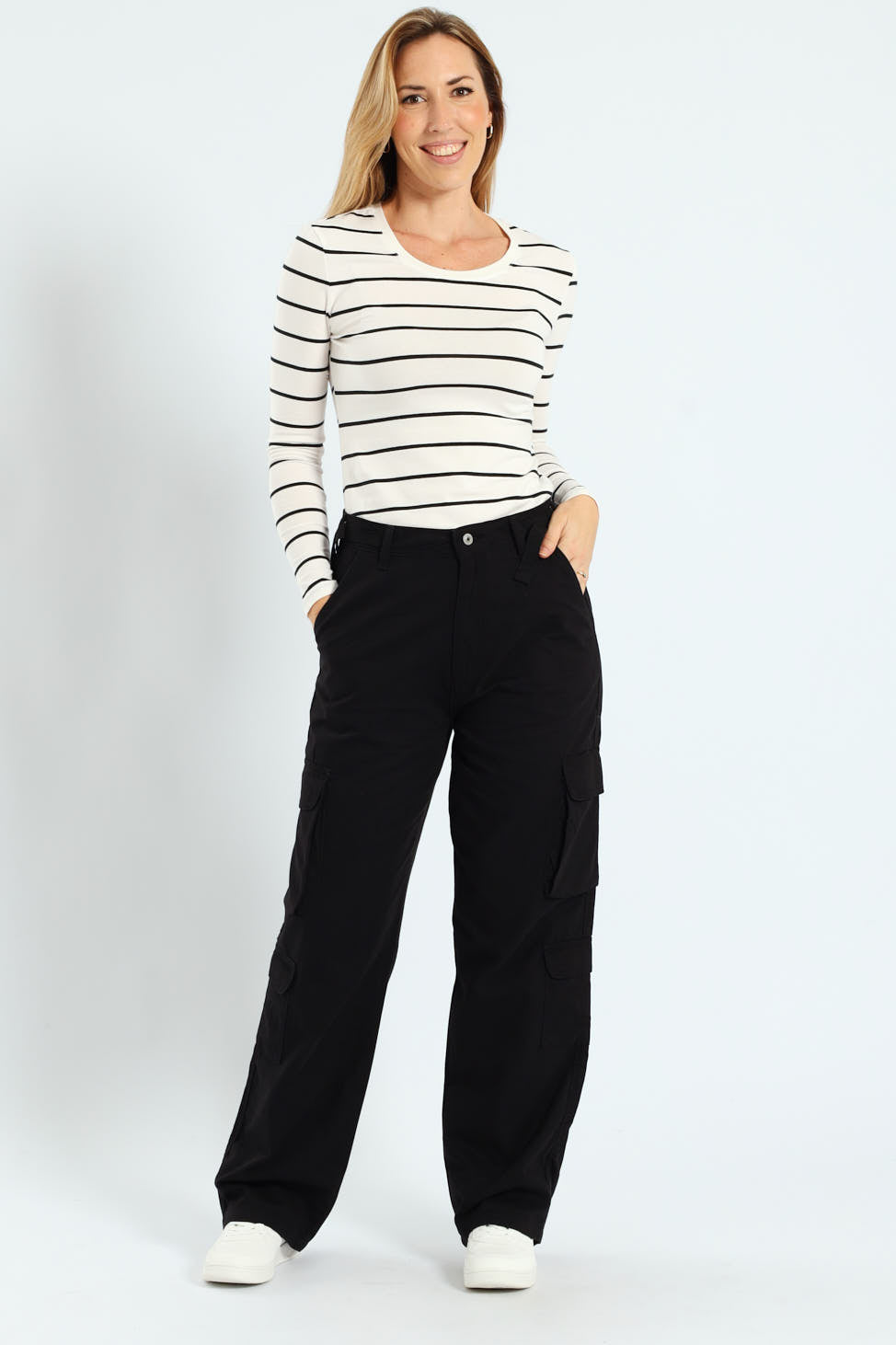 Twill Utility Wideleg Pants With Waist Tape Detail - Black