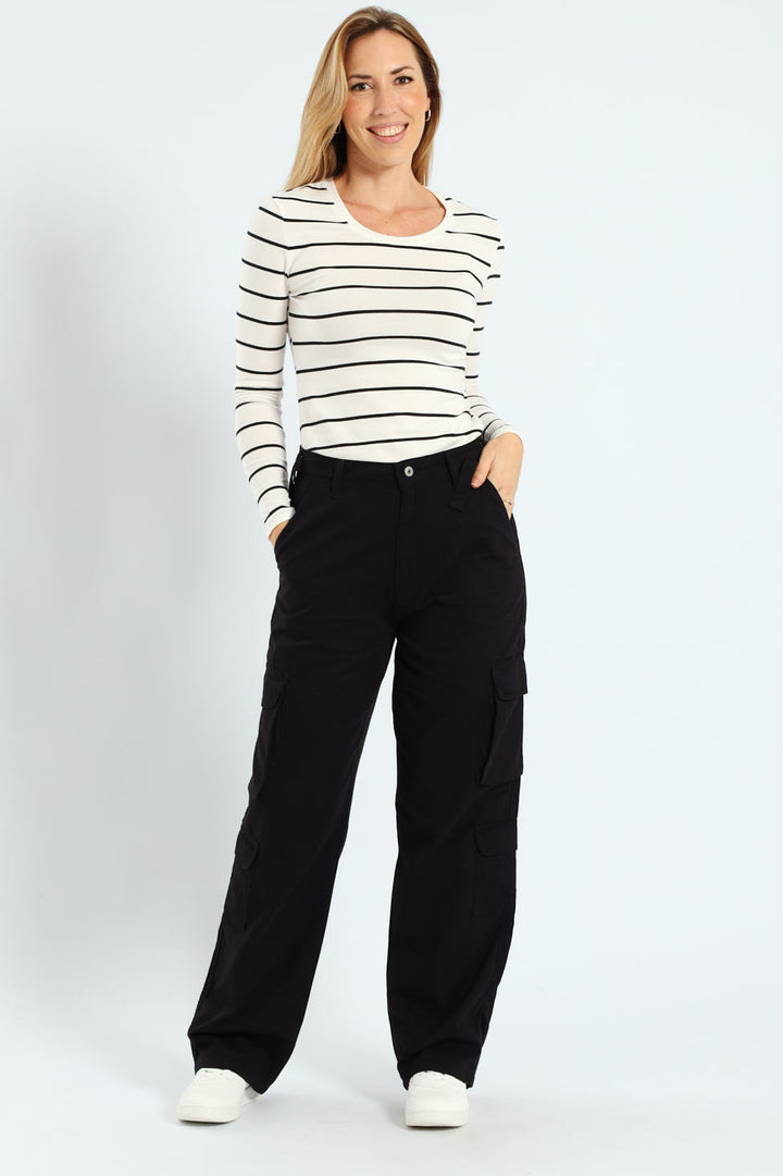 Twill Utility Wideleg Pants With Waist Tape Detail - Black