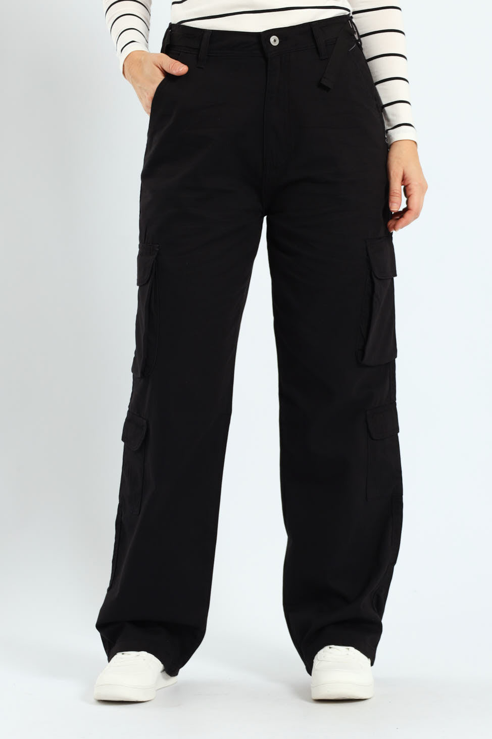 Twill Utility Wideleg Pants With Waist Tape Detail - Black