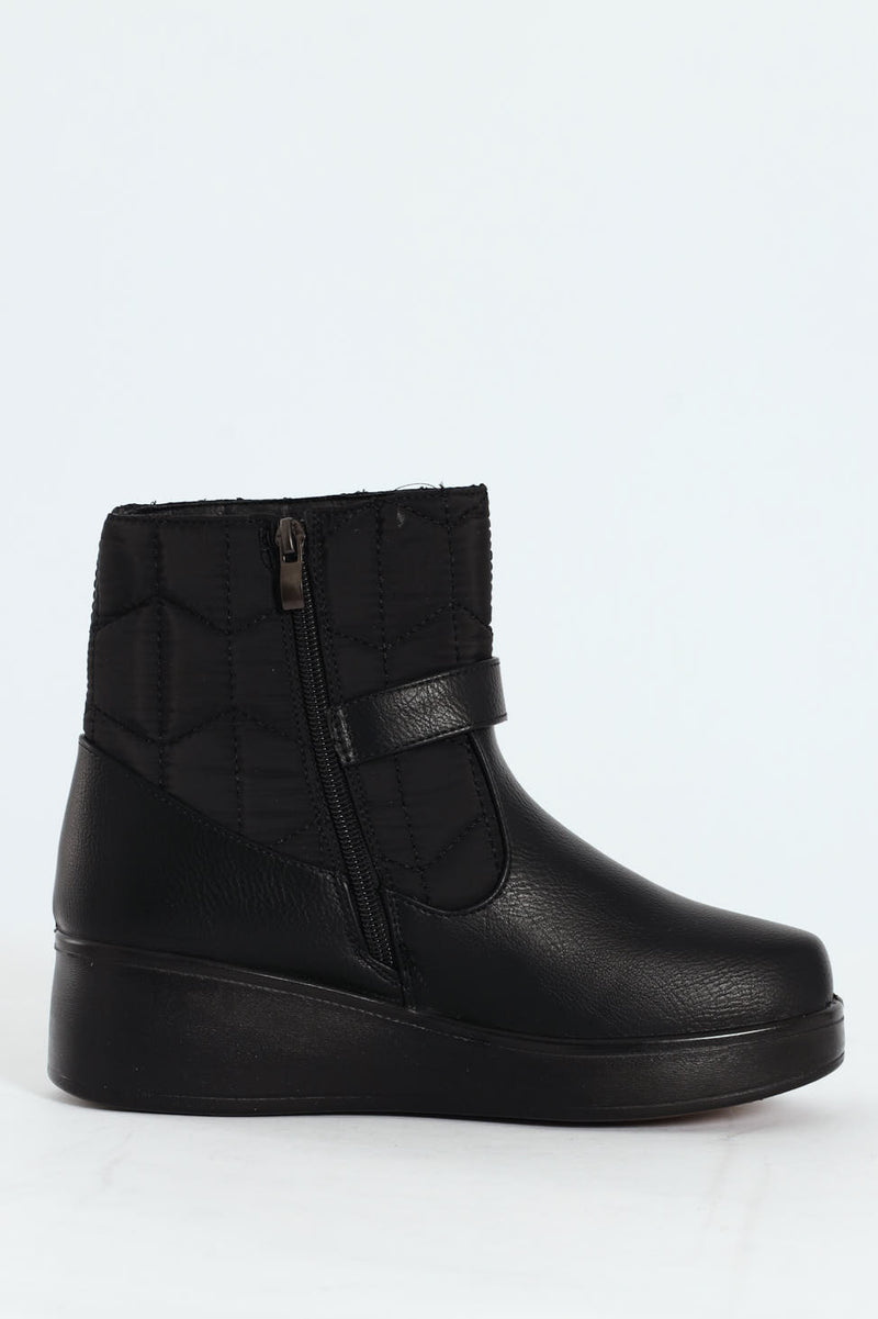 Yasmeen Quilted Buckle Wedge Ankle Boot - Black