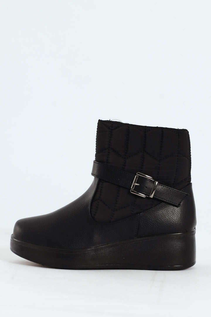 Yasmeen Quilted Buckle Wedge Ankle Boot - Black
