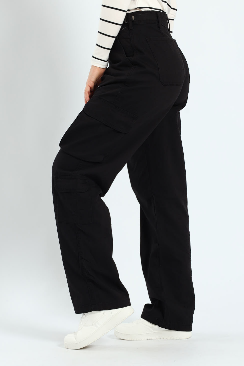 Twill Utility Wideleg Pants With Waist Tape Detail - Black