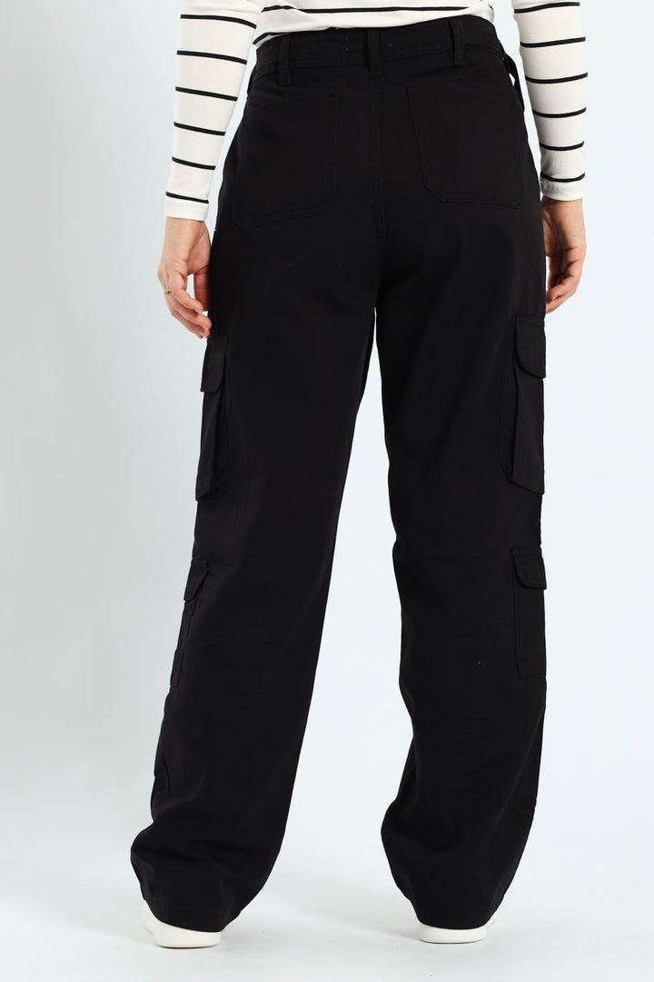 Twill Utility Wideleg Pants With Waist Tape Detail - Black