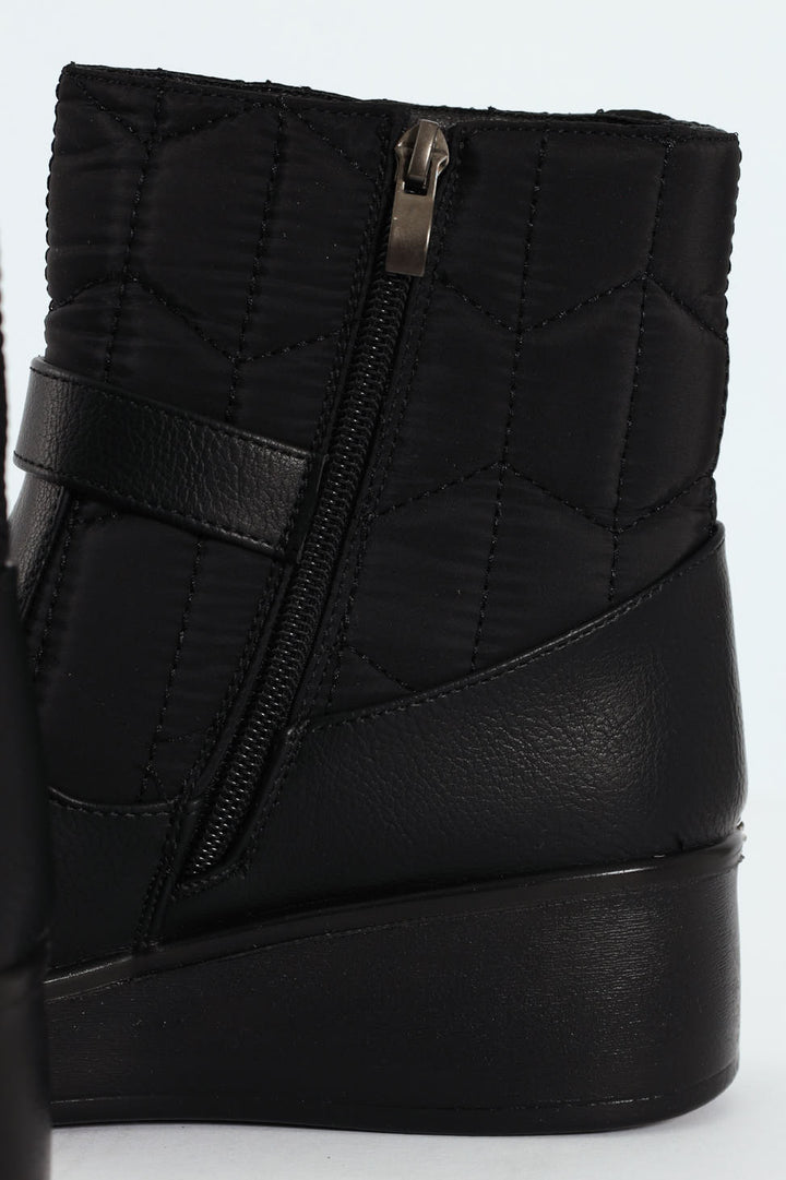 Yasmeen Quilted Buckle Wedge Ankle Boot - Black