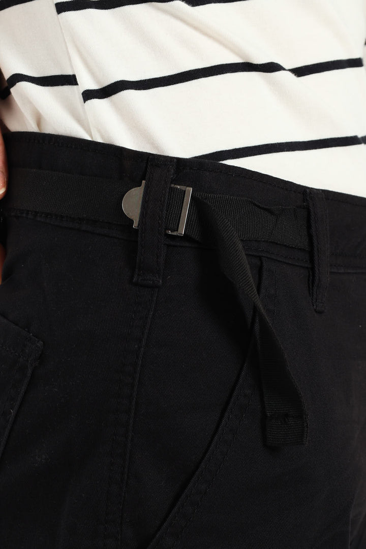 Twill Utility Wideleg Pants With Waist Tape Detail - Black