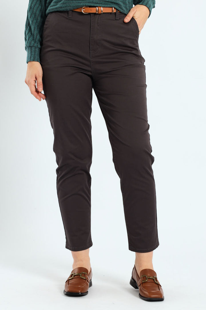 Chino Belted Sateen Pants - Dark Grey