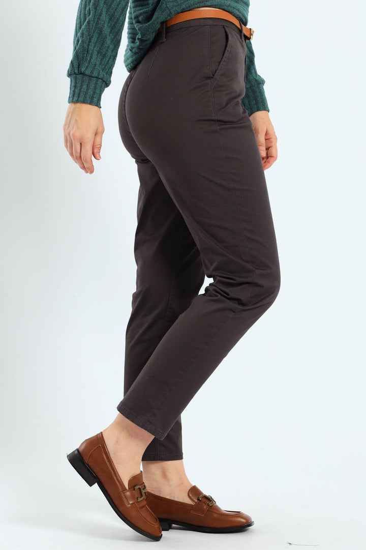 Chino Belted Sateen Pants - Dark Grey
