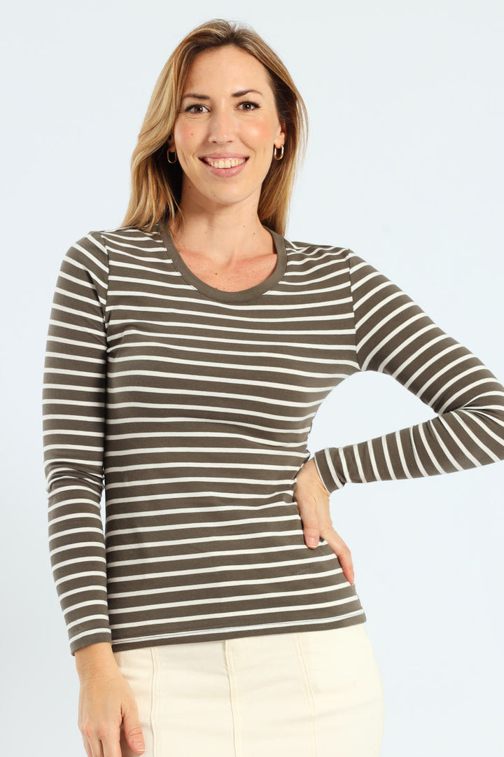 Long Sleeve Cotton Lycra Striped Crew Top - Dark Fatigue/Cream