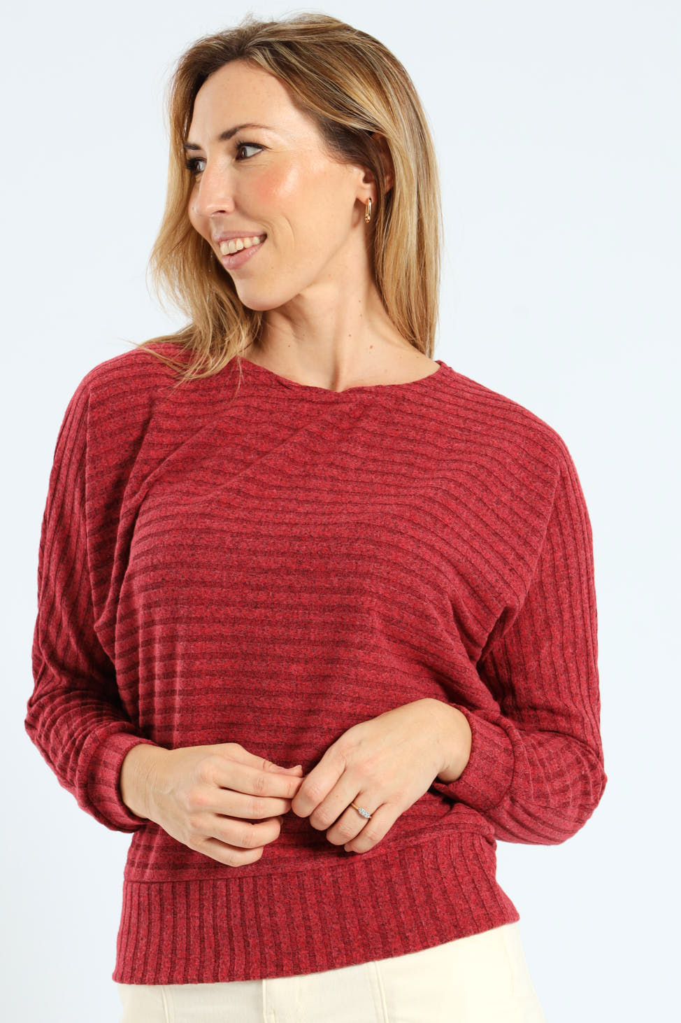 Dolman Sleeve Ribbed Top - Bright Red