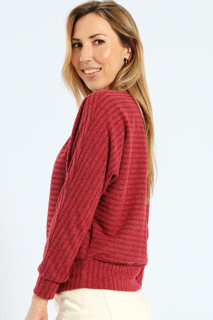Dolman Sleeve Ribbed Top - Bright Red