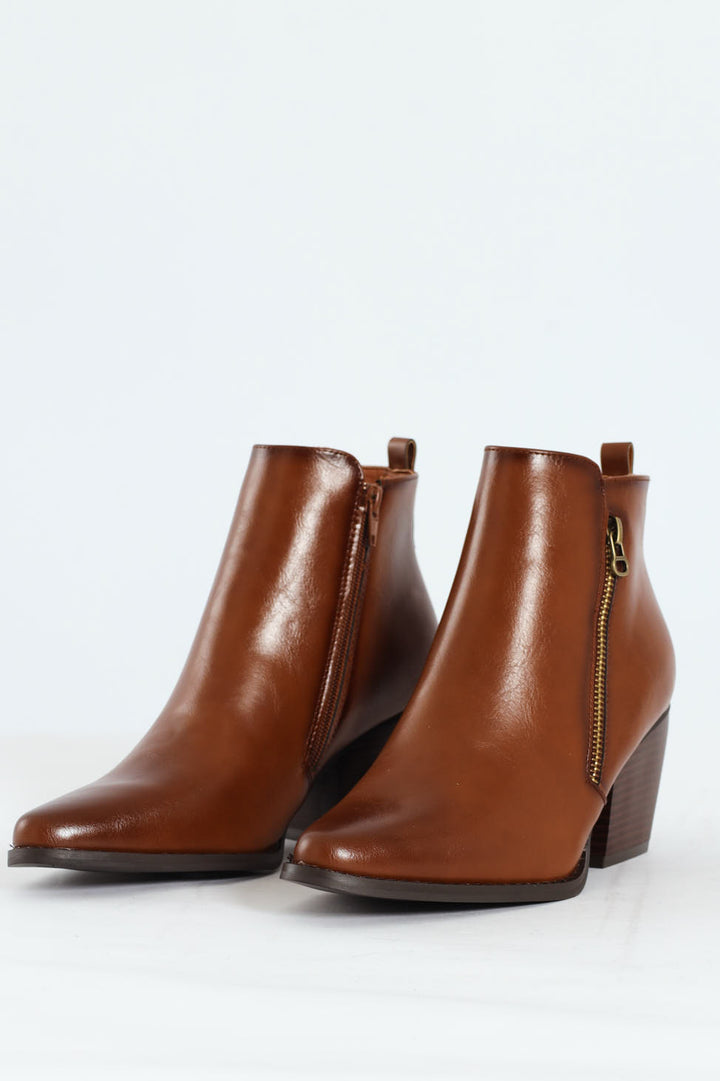 Round Toe Ankle Block Heel Boot - Tan