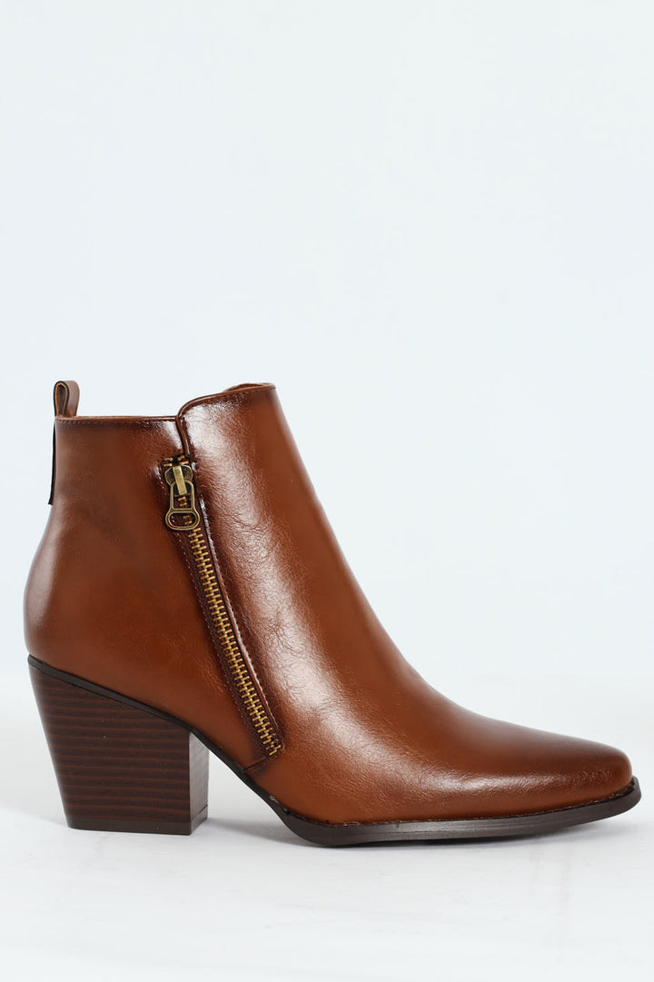Round Toe Ankle Block Heel Boot - Tan