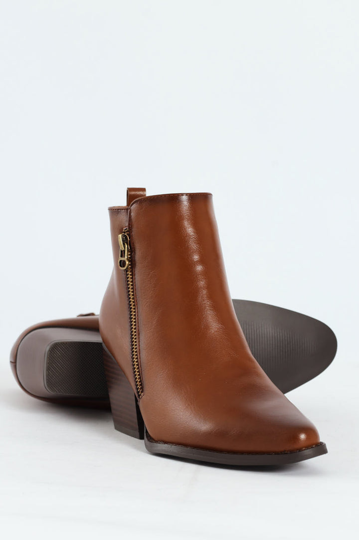 Round Toe Ankle Block Heel Boot - Tan