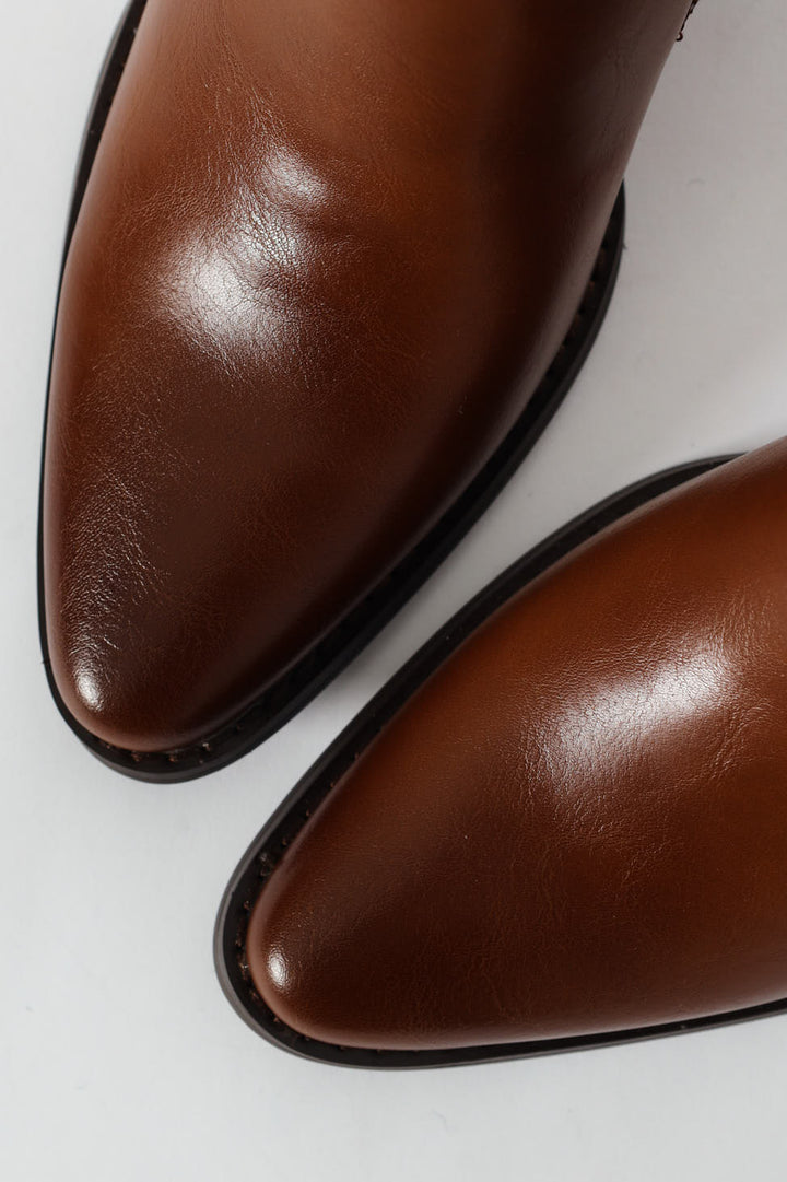 Round Toe Ankle Block Heel Boot - Tan