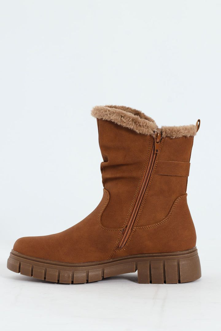 Kiera Fur Lined Mid Calf Lug Sole Boot - Tan