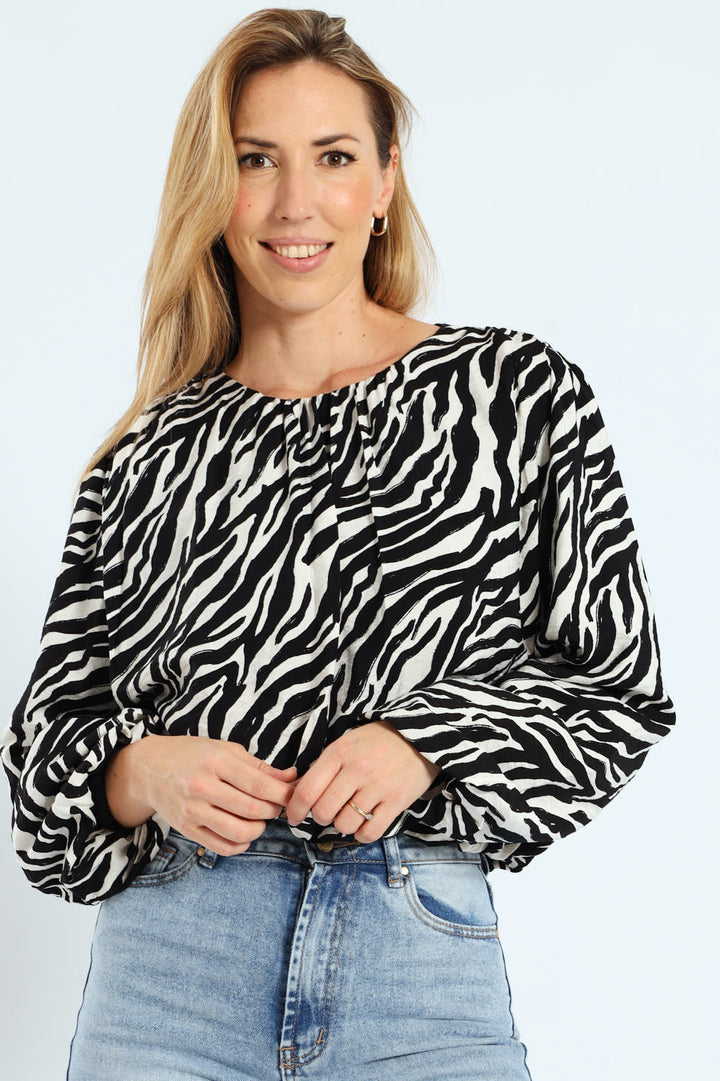 Zebra Puff Sleeve Bubble Hem Blouse - Cream/Black