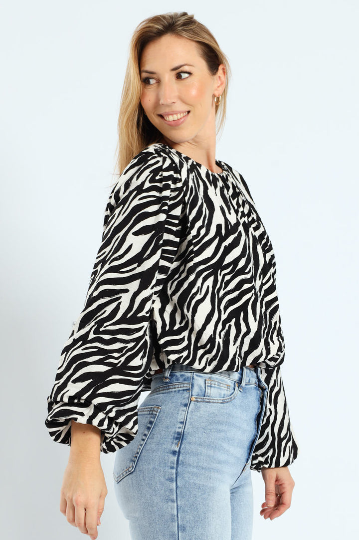 Zebra Puff Sleeve Bubble Hem Blouse - Cream/Black