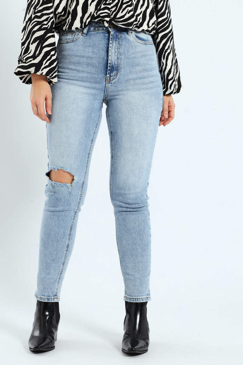 Rip Knee Mom Jean - Light Wash
