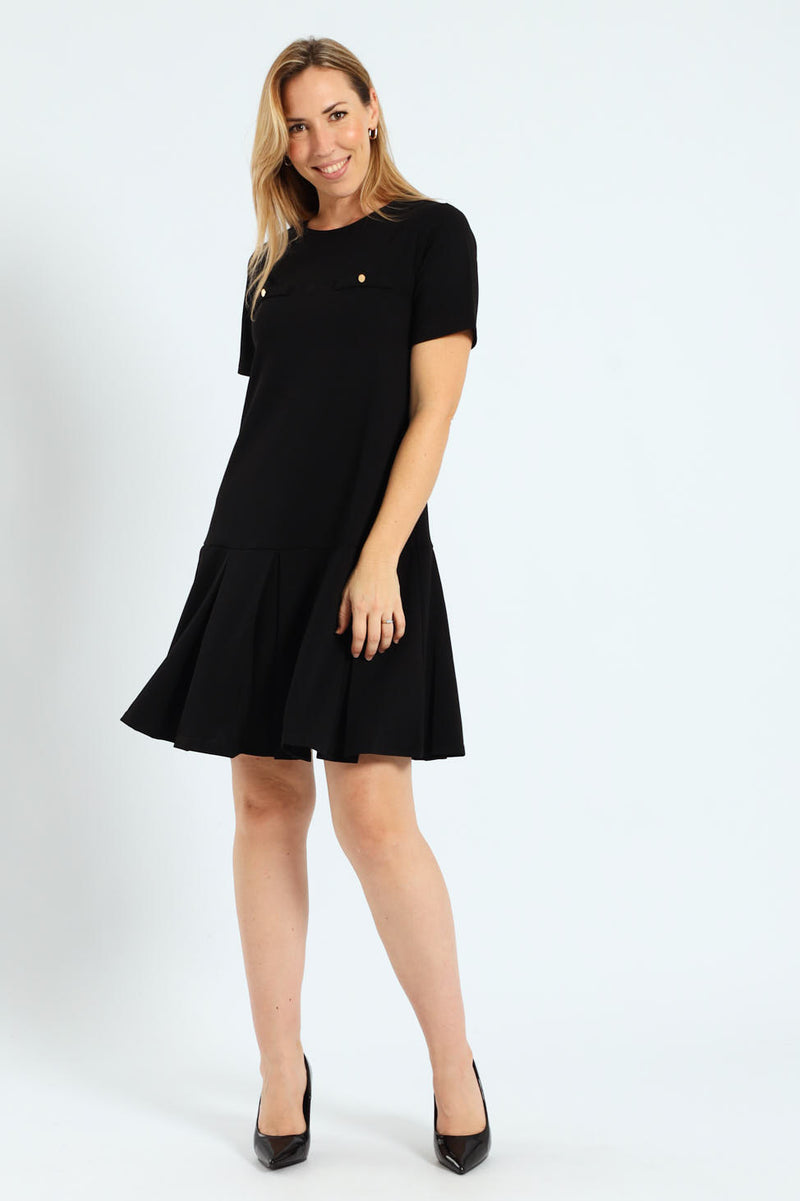 Box Pleated Hem Shift Dress - Black
