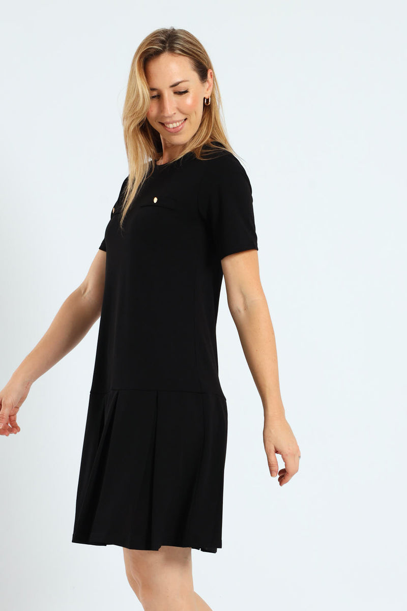 Box Pleated Hem Shift Dress - Black