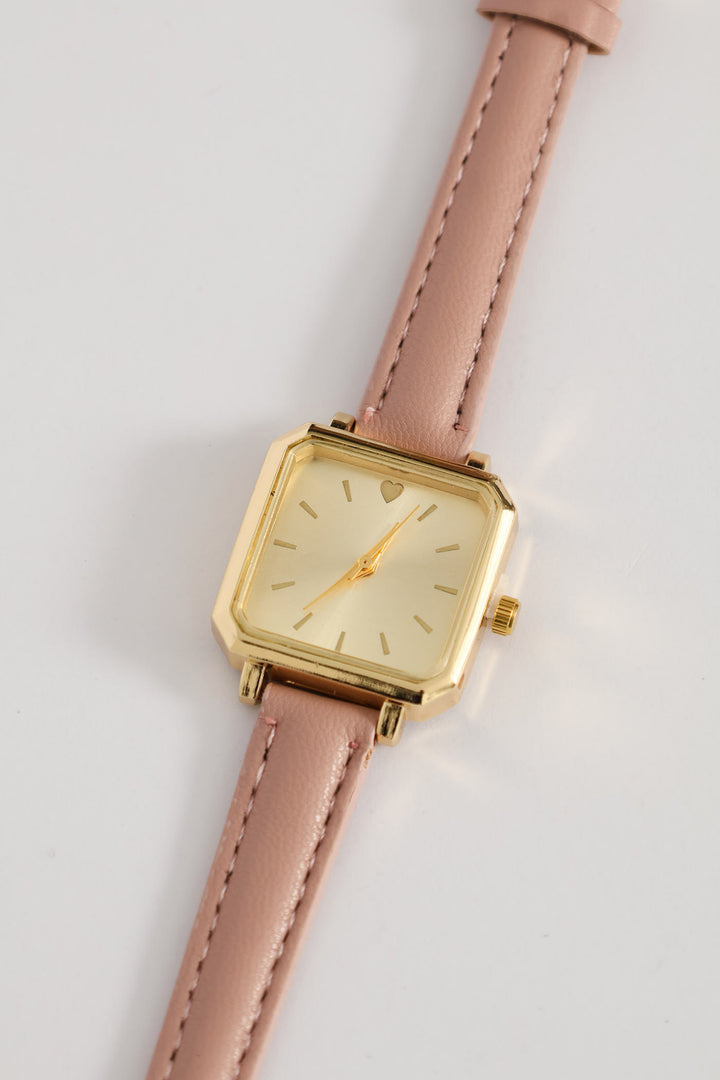 Square Face Heart Dial Watch - Mauve